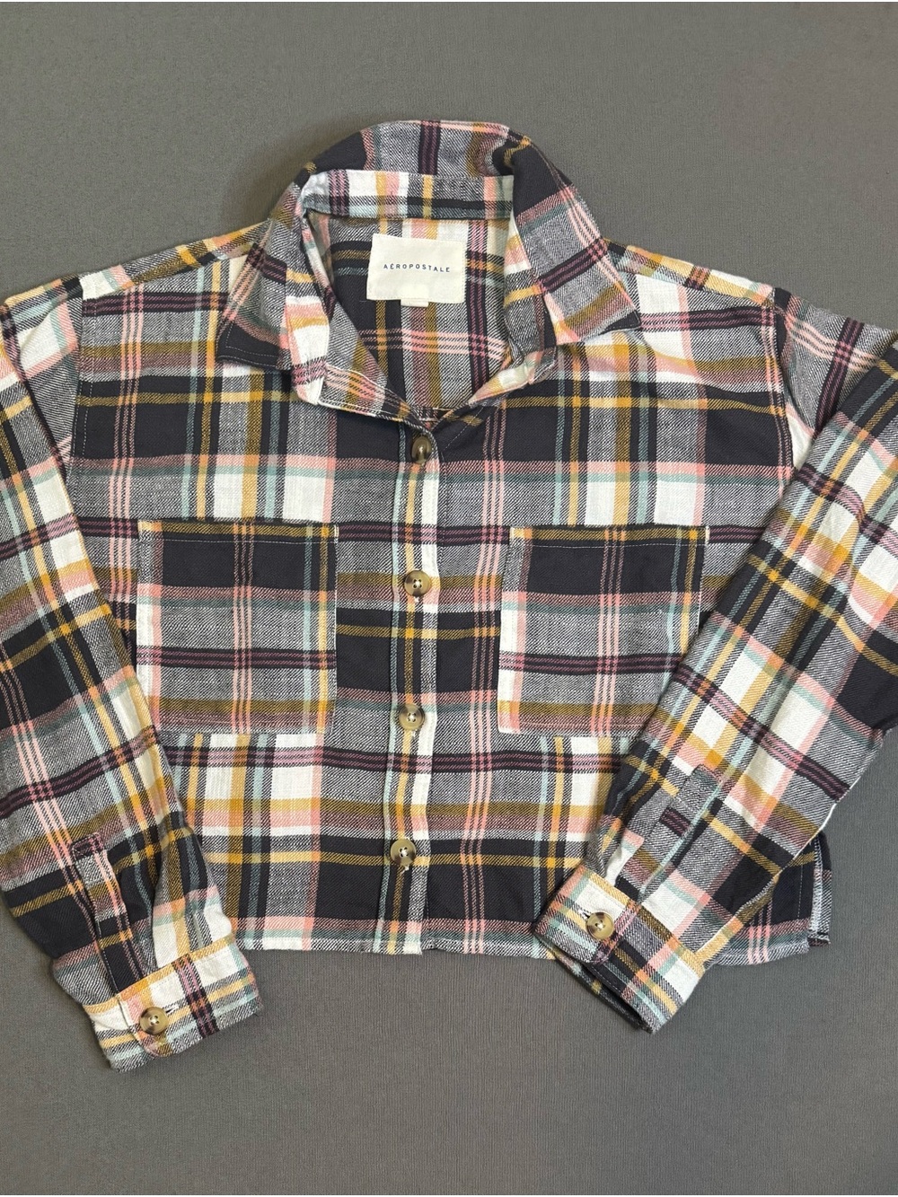 Aeropostale Women's Cropped Flannel Shirt Brown, Orange & Cream Plaid Long Slve